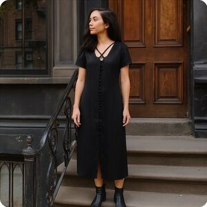 VTG 90s Scarlett Maxi Dress Size 7-8 Black Short Sleeve Witchy Whimsigoth Button